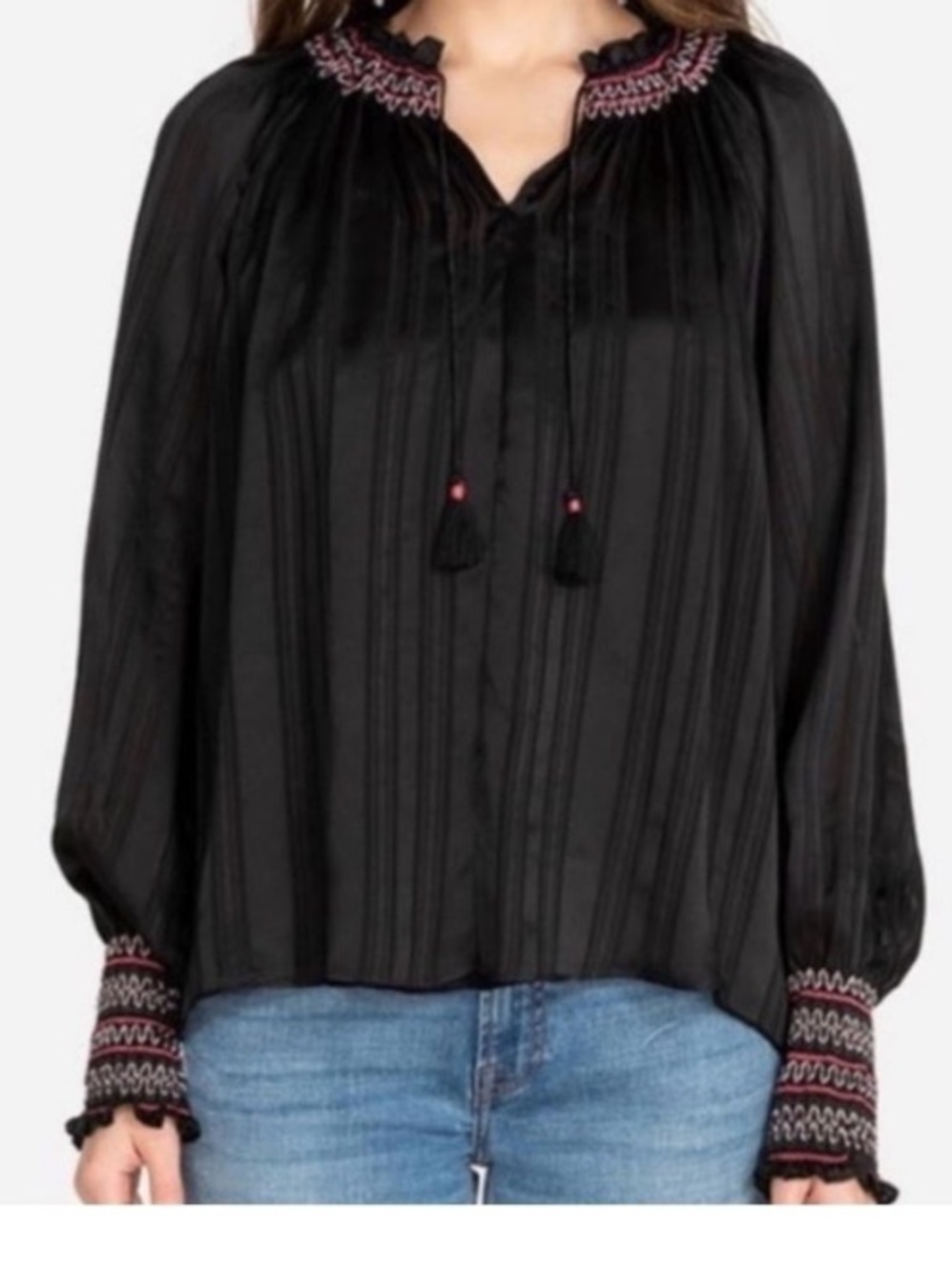 Johnny Was Folk Smock Silk blouse. Black. Size M. #boho #70s